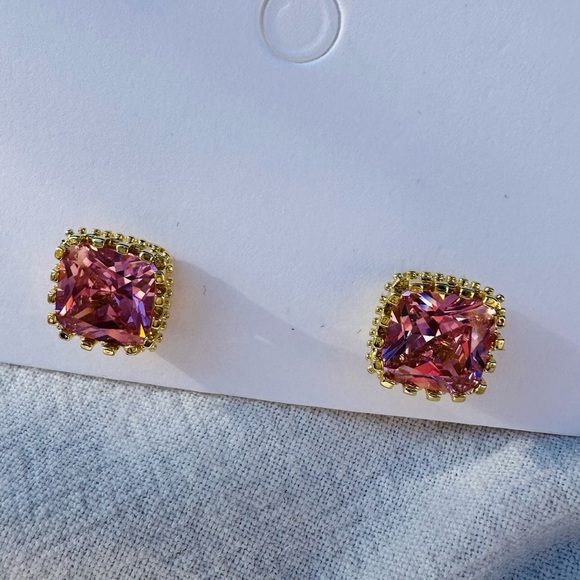 Simulated Pink Sapphire Princess Cut CZ Studs - Picture 3 of 10